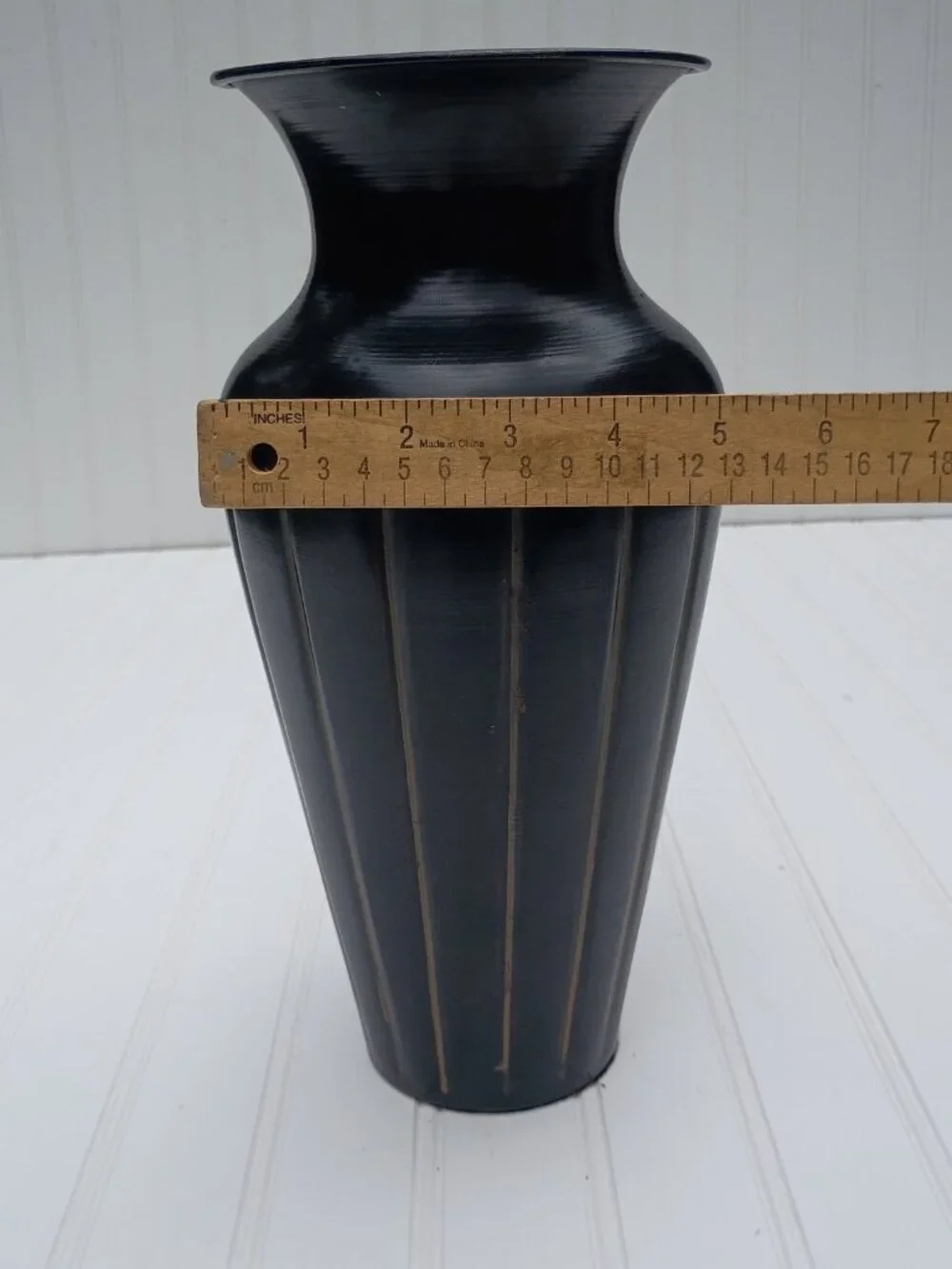 Ribbed Metal Vase Black Distressed Fluted Design 12.5